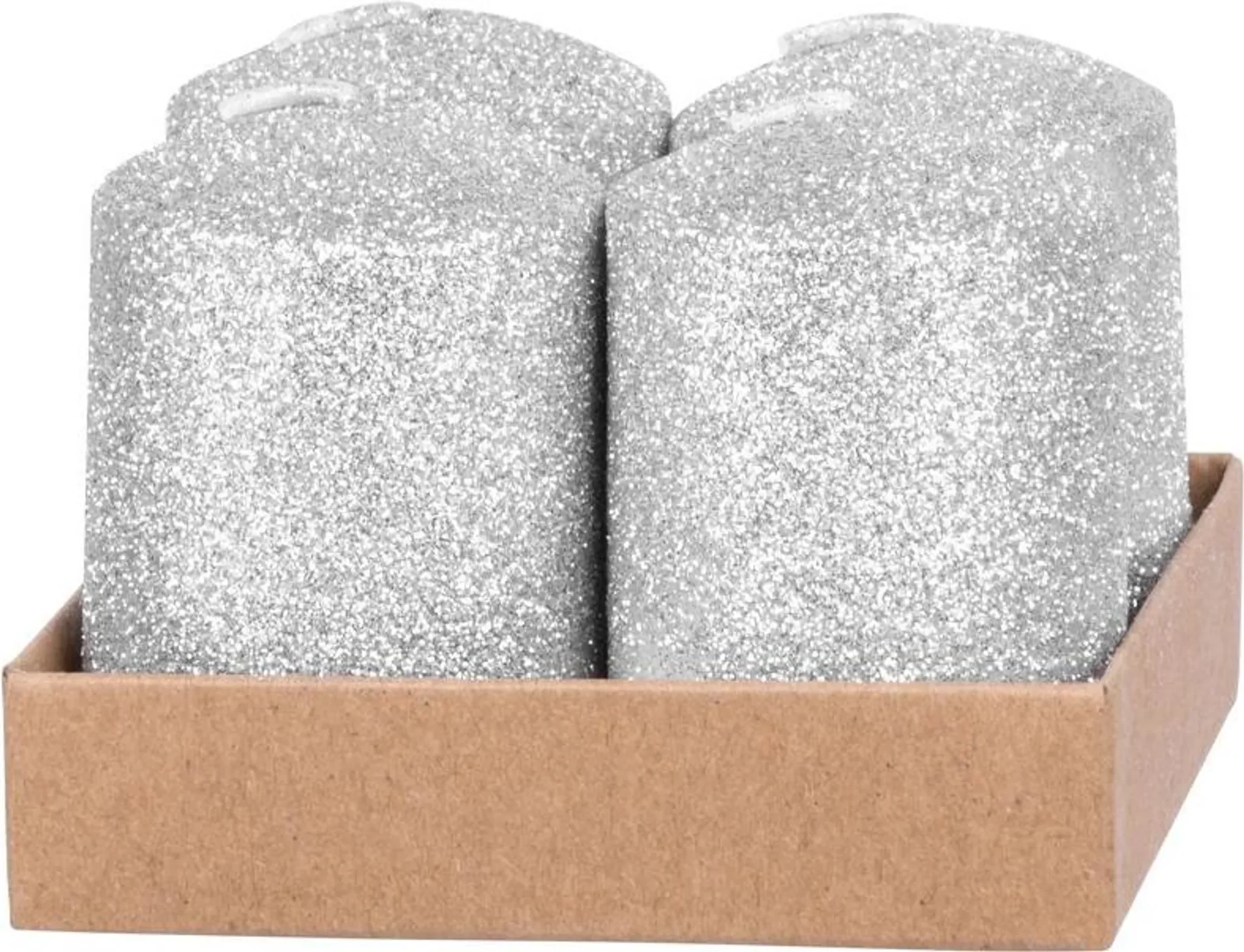 MagicHome Kerzen „Weihnachten“ – 4x6 cm, 4er Set, Silber mit Glitzer